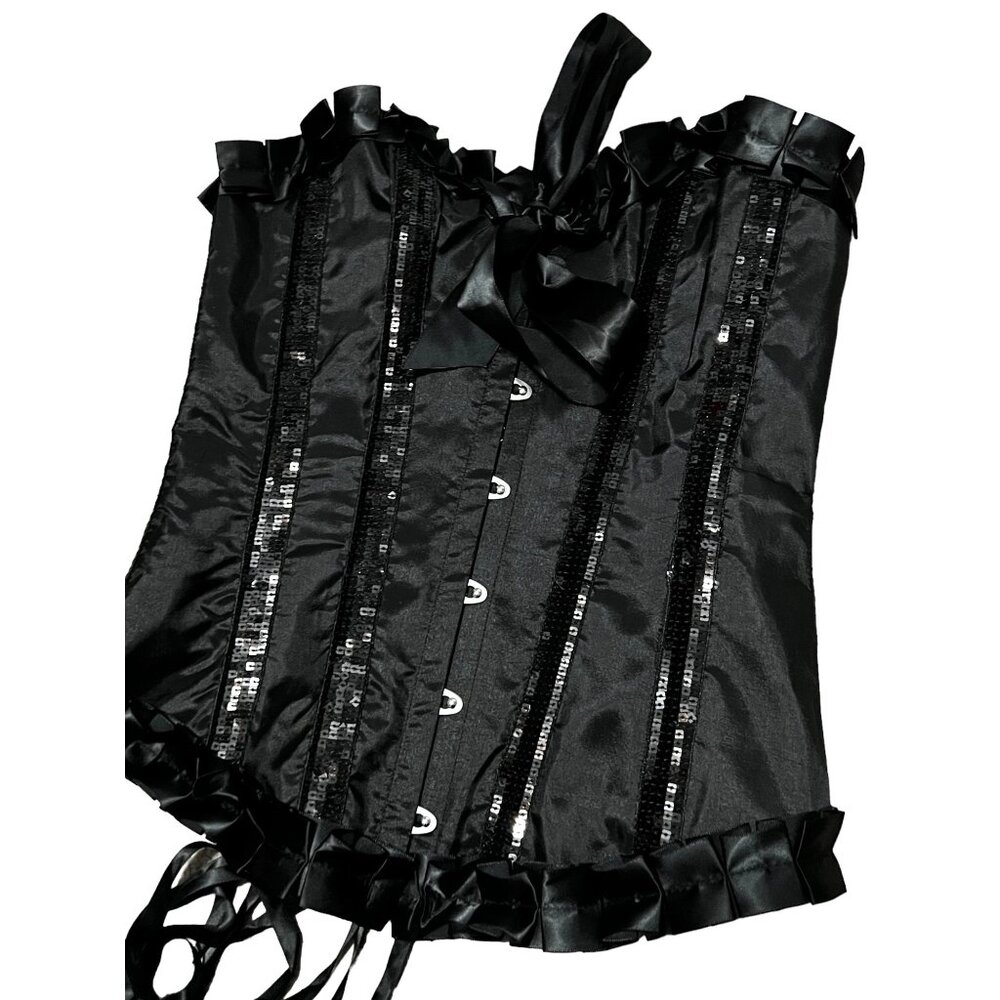 Adore Me Black Sequin & Satin Wired Lace-Up Corset Sz Large Womens Lingerie